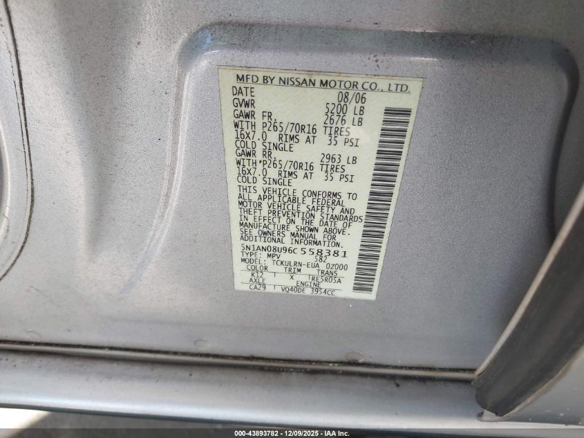 2006 Nissan Xterra S VIN: 5N1AN08U96C558381 Lot: 43893782