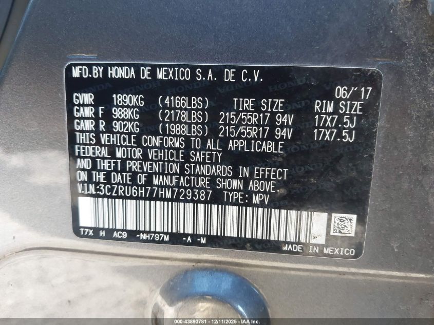 2017 Honda Hr-V Ex-L VIN: 3CZRU6H77HM729387 Lot: 43893781