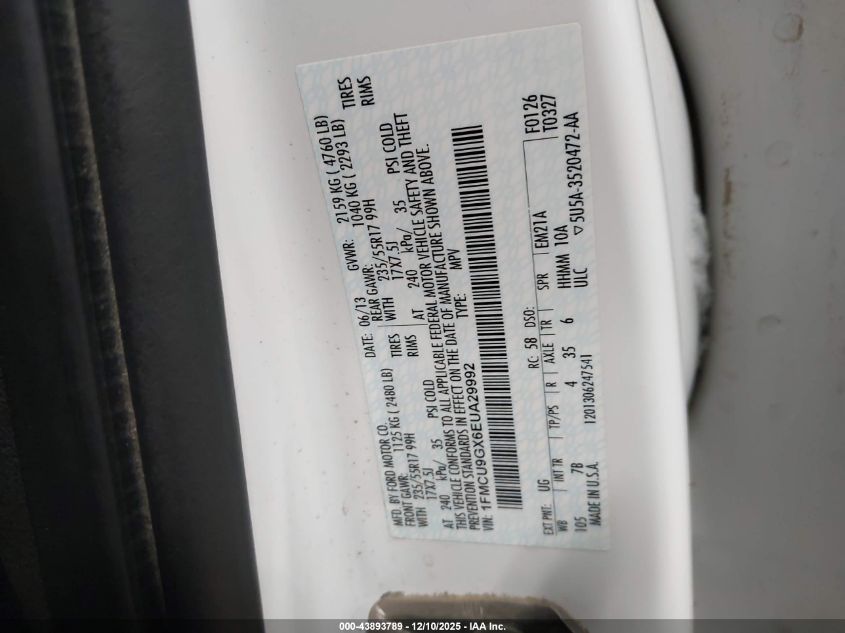 2014 Ford Escape Se VIN: 1FMCU9GX6EUA29992 Lot: 43893789