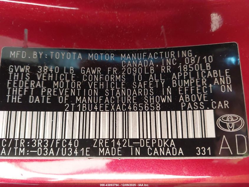 2010 Toyota Corolla Le VIN: 2T1BU4EEXAC465658 Lot: 43893794