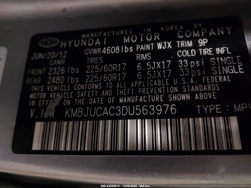 2013 Hyundai Tucson Gls VIN: KM8JUCAC3DU563976 Lot: 43893814