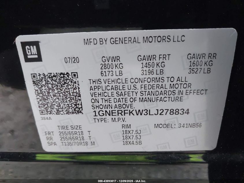 2020 Chevrolet Traverse Fwd Ls VIN: 1GNERFKW3LJ278834 Lot: 43893817