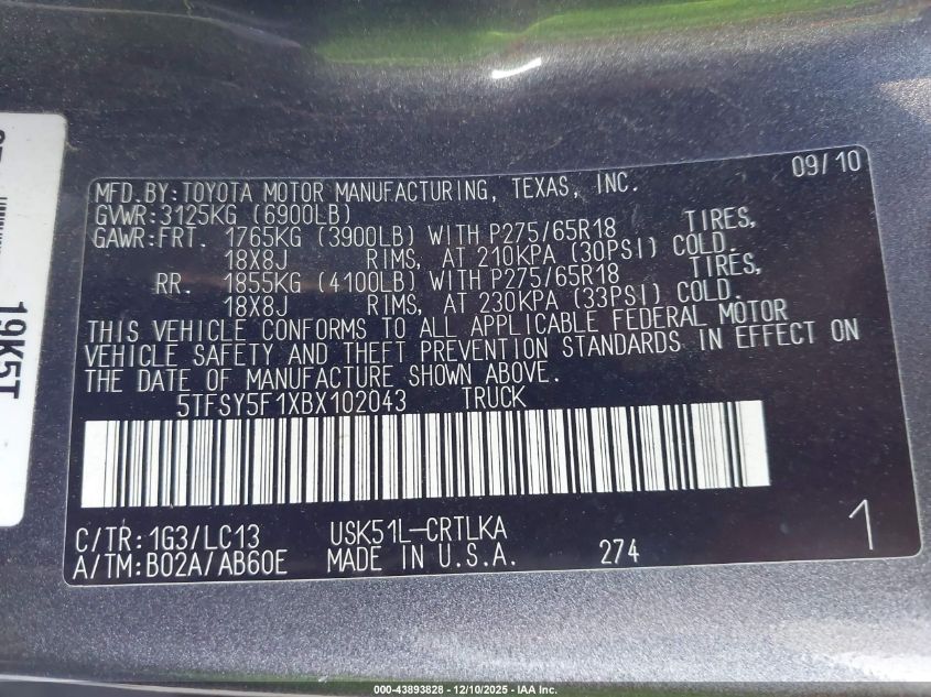 2011 Toyota Tundra Limited 5.7L V8 VIN: 5TFSY5F1XBX102043 Lot: 43893828