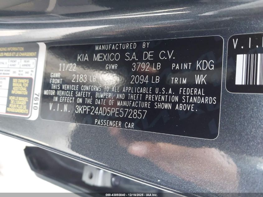 2023 Kia Forte Lxs VIN: 3KPF24AD5PE572857 Lot: 43893840