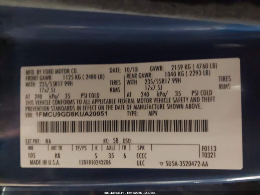 2019 Ford Escape Se VIN: 1FMCU9GD8KUA20051 Lot: 43893841