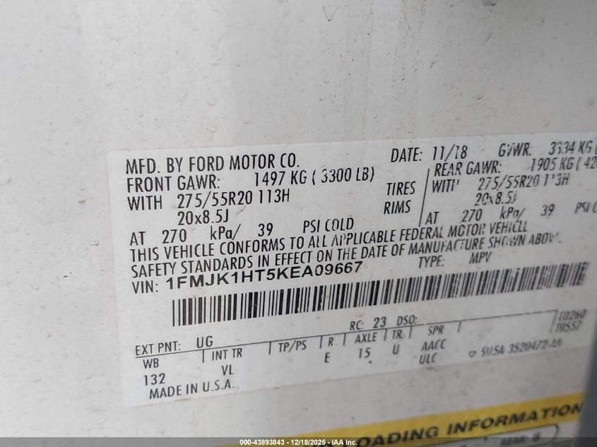 2019 Ford Expedition Max Xlt VIN: 1FMJK1HT5KEA09667 Lot: 43893843