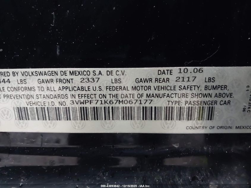 2007 Volkswagen Jetta 2.5 VIN: 3VWPF71K67M067177 Lot: 43893842