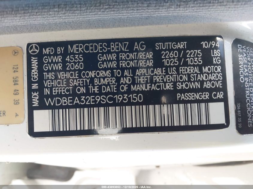 1995 Mercedes-Benz E 320 Base/320 Special VIN: WDBEA32E9SC193150 Lot: 43893853
