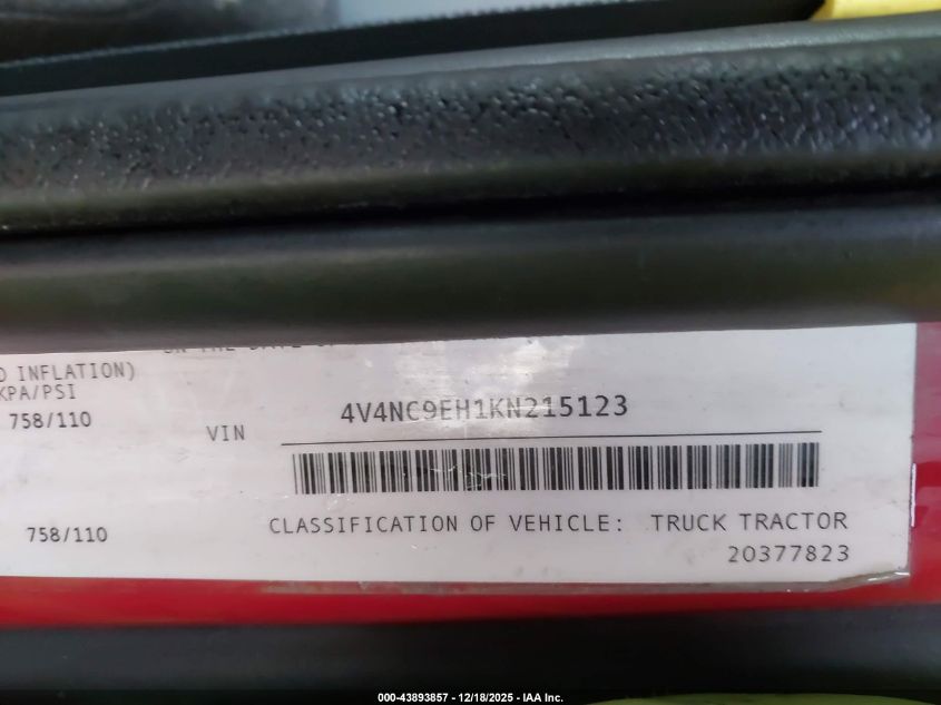 2019 Volvo Vnl VIN: 4V4NC9EH1KN215123 Lot: 43893857