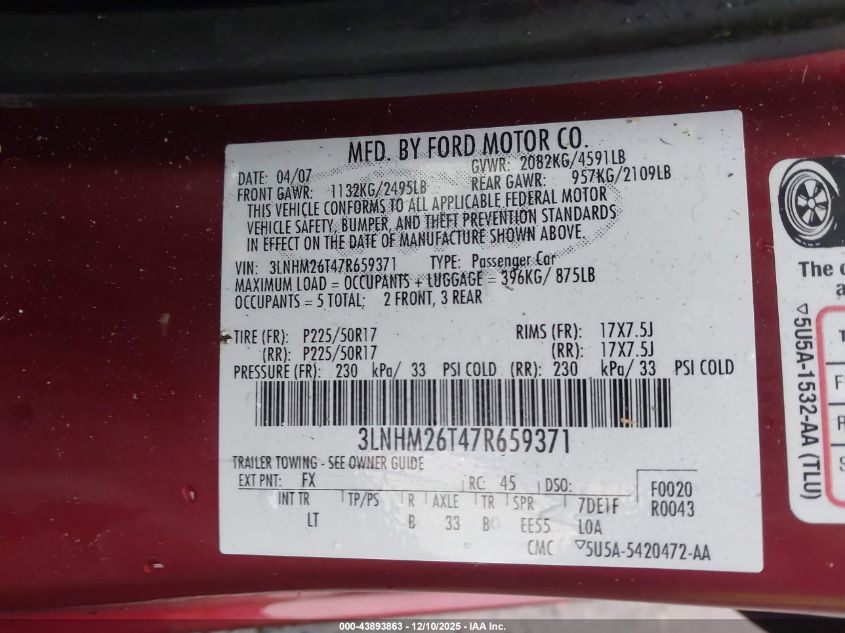 2007 Lincoln Mkz VIN: 3LNHM26T47R659371 Lot: 43893863