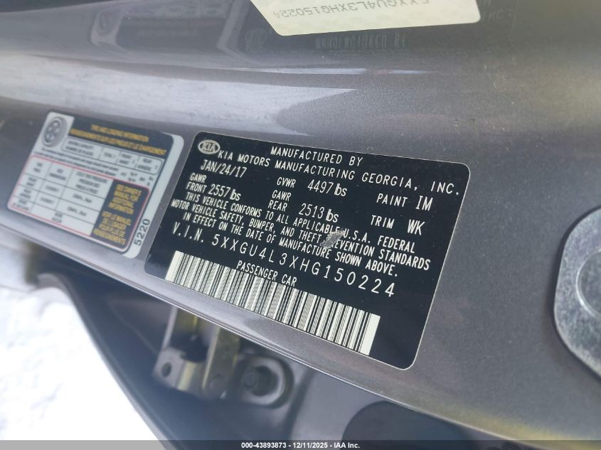 2017 Kia Optima Ex VIN: 5XXGU4L3XHG150224 Lot: 43893873