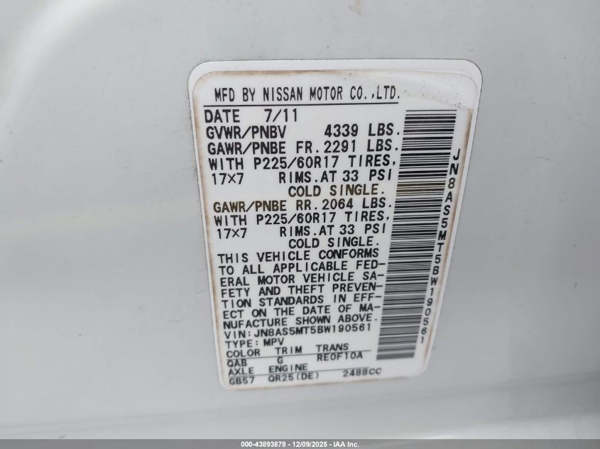 2011 Nissan Rogue Sv VIN: JN8AS5MT5BW190561 Lot: 43893878