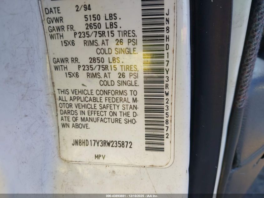 1994 Nissan Pathfinder Le/Se/Xe VIN: JN8HD17Y3RW235872 Lot: 43893881