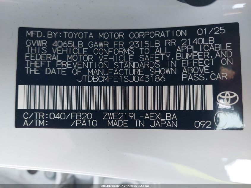 2025 Toyota Corolla Hybrid Le VIN: JTDBCMFE1SJ043186 Lot: 43893882