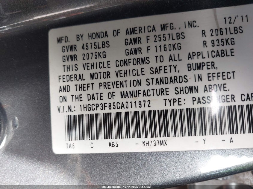 2012 Honda Accord 3.5 3.5 Ex-L grey Lot 111043893886 Vin 1HGCP3F85CA011972
