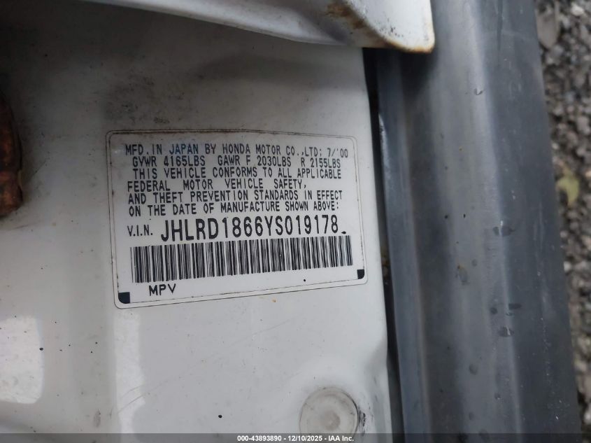 2000 Honda Cr-V Ex VIN: JHLRD1866YS019178 Lot: 43893890