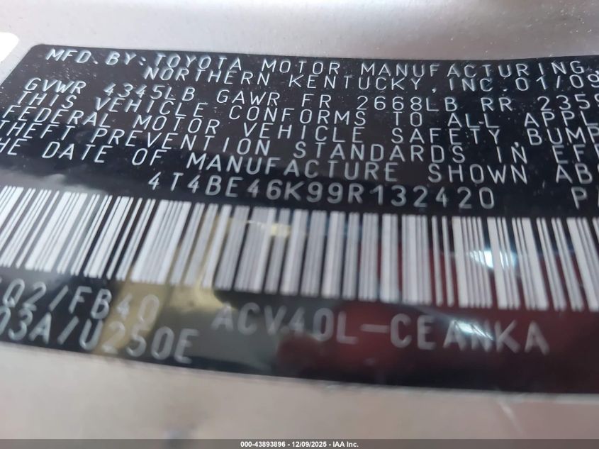 2009 Toyota Camry Le VIN: 4T4BE46K99R132420 Lot: 43893896
