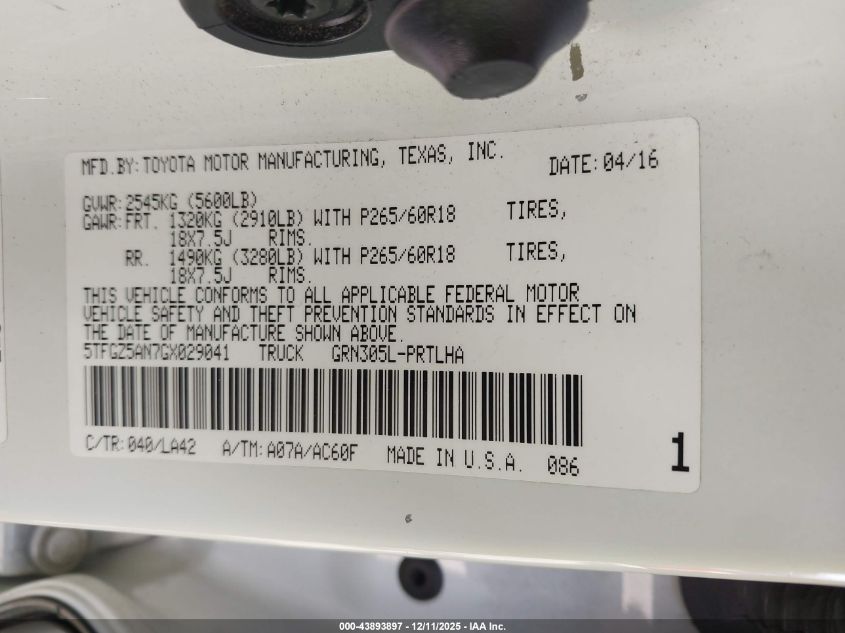 2016 Toyota Tacoma Limited VIN: 5TFGZ5AN7GX029041 Lot: 43893897