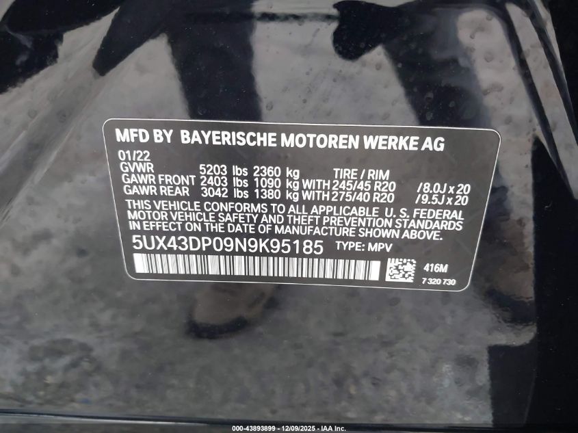 2022 BMW X3 Sdrive30I VIN: 5UX43DP09N9K95185 Lot: 43893899