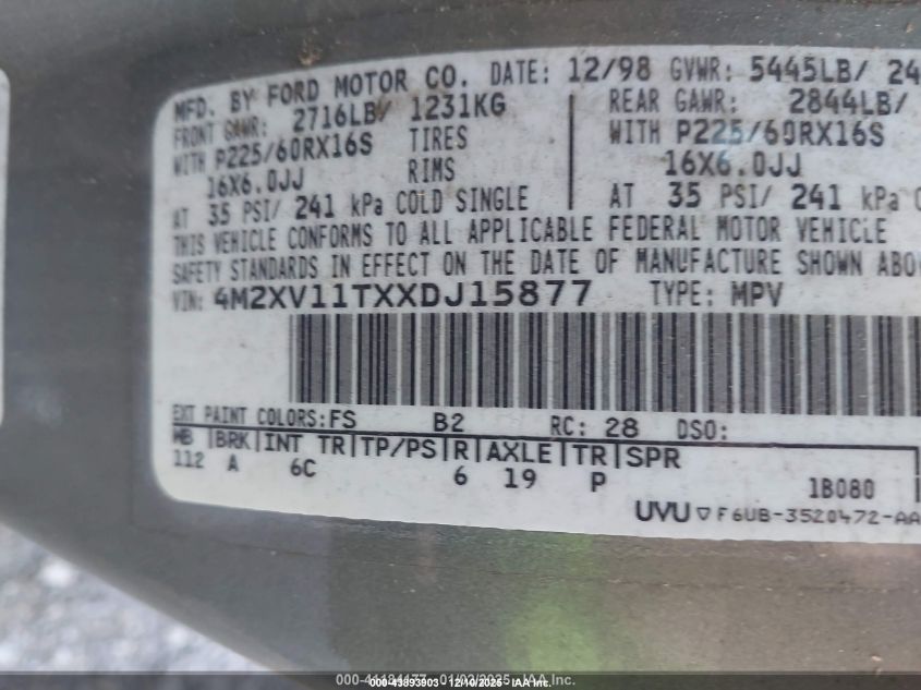 1999 Mercury Villager Estate/Sport VIN: 4M2XV11TXXDJ15877 Lot: 41184177