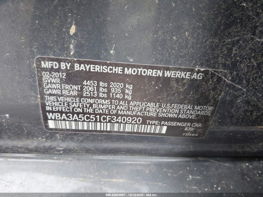 2012 BMW 328I VIN: WBA3A5C51CF340920 Lot: 43893907