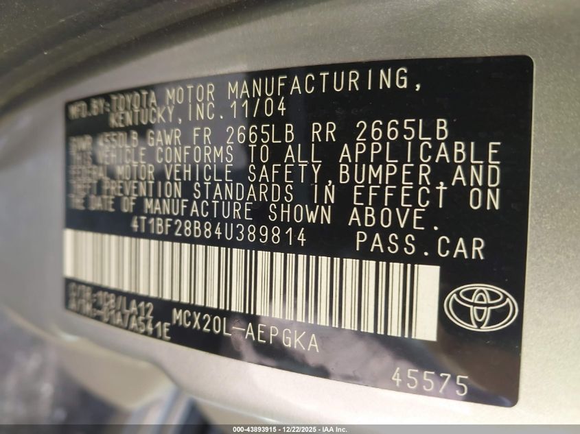 2004 Toyota Avalon Xls VIN: 4T1BF28B84U389814 Lot: 43893915