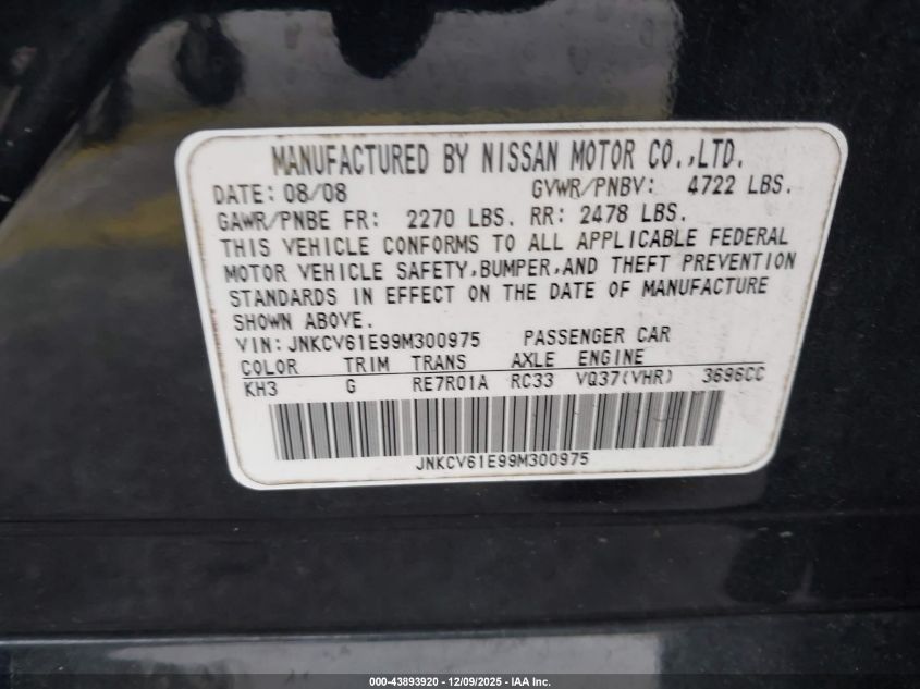 2009 Infiniti G37 Journey VIN: JNKCV61E99M300915 Lot: 43893920