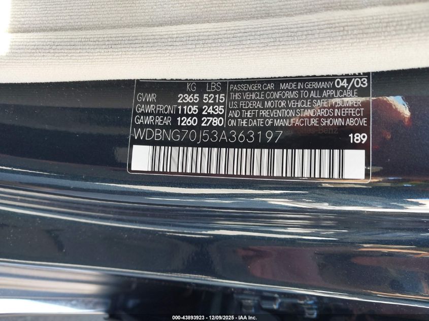 2003 Mercedes-Benz S 430 VIN: WDBNG70J53A363197 Lot: 43893923