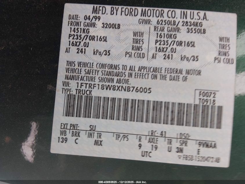 1999 Ford F-150 Lariat/Work Series/Xl/Xlt VIN: 1FTRF18W8XNB76005 Lot: 43893925