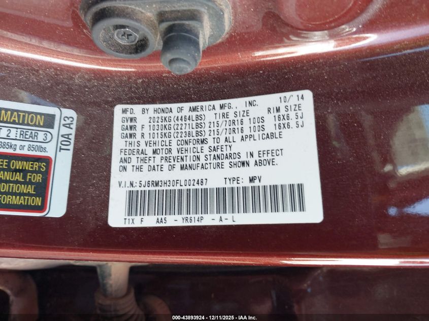 2015 Honda Cr-V Lx VIN: 5J6RM3H30FL002487 Lot: 43893924