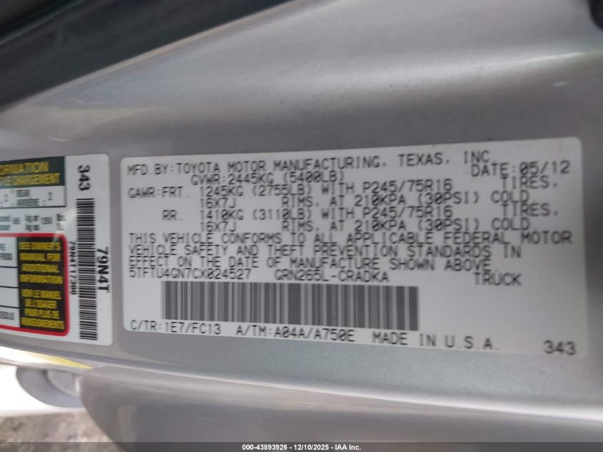 2012 Toyota Tacoma Prerunner V6 VIN: 5TFTU4GN7CX024527 Lot: 43893926