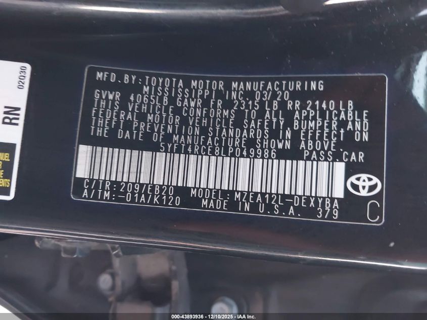 2020 Toyota Corolla Xse VIN: 5YFT4RCE8LP049986 Lot: 43893936