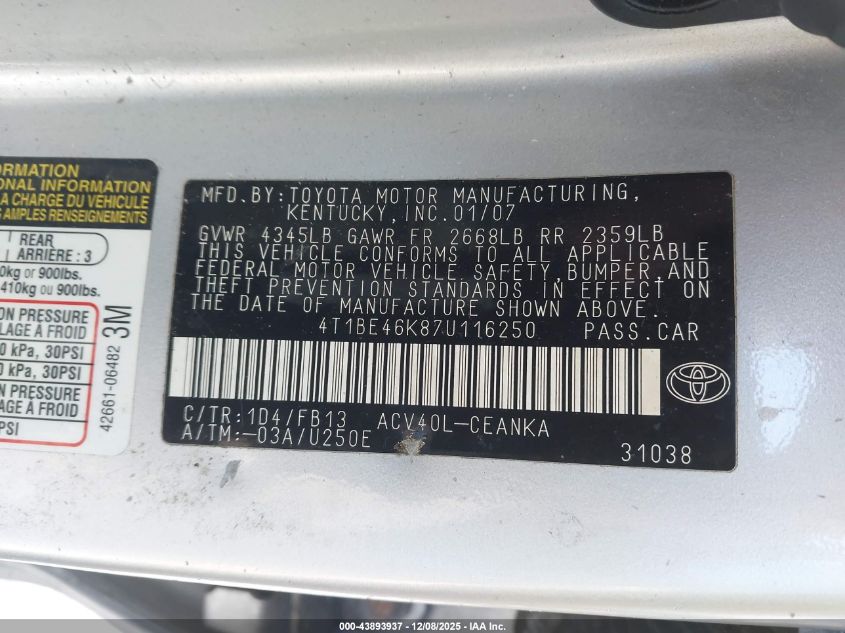 2007 Toyota Camry Le VIN: 4T1BE46K87U116250 Lot: 43893937