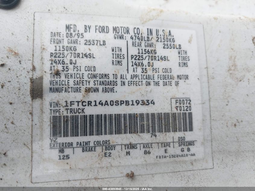 1995 Ford Ranger Super Cab VIN: 1FTCR14A0SPB19334 Lot: 43893945