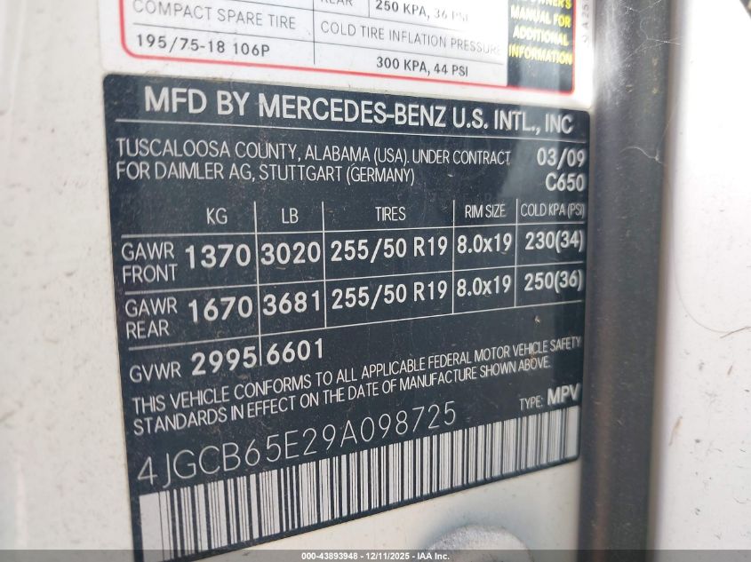 2009 Mercedes-Benz R 350 4Matic VIN: 4JGCB65E29A098725 Lot: 43893948