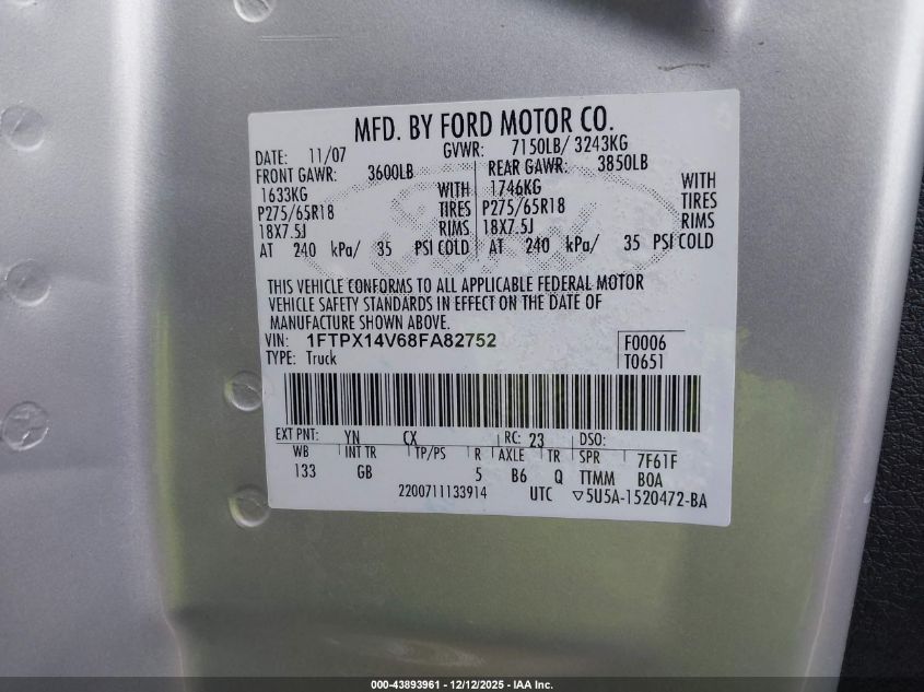 2008 Ford F-150 Fx4/Lariat/Xl/Xlt VIN: 1FTPX14V68FA82752 Lot: 43893961