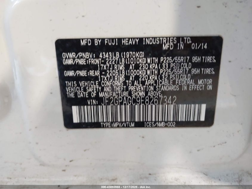 2014 Subaru Xv Crosstrek 2.0I Limited VIN: JF2GPAGC9E8267342 Lot: 43893988