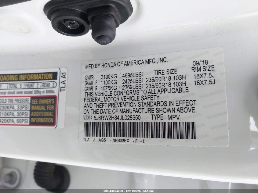 2018 Honda Cr-V Ex-L/Ex-L Navi VIN: 5J6RW2H84JL028650 Lot: 43894000