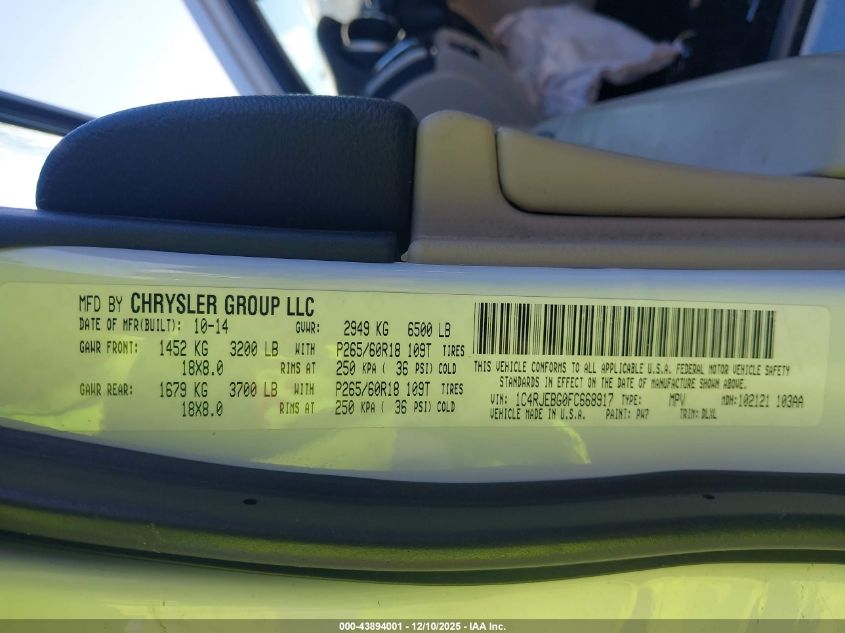 2015 Jeep Grand Cherokee Limited VIN: 1C4RJEBG0FC668917 Lot: 43894001