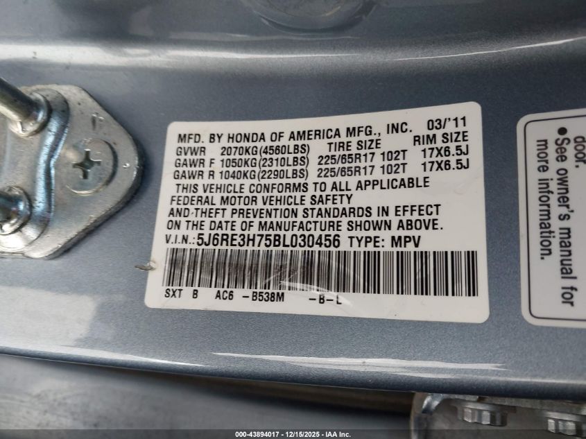 2011 Honda Cr-V Ex-L VIN: 5J6RE3H75BL030456 Lot: 43894017