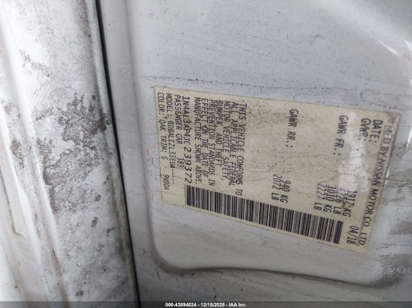 2018 Nissan Altima 2.5 Sv VIN: 1N4AL3AP4JC239372 Lot: 43894024