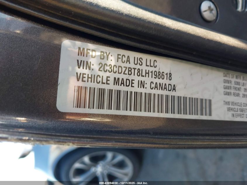 2020 Dodge Challenger R/T VIN: 2C3CDZBT8LH198618 Lot: 43894038