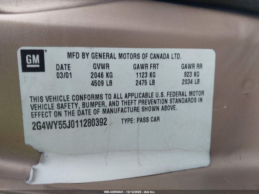 2001 Buick Century Limited VIN: 2G4WY55J011280392 Lot: 43894041