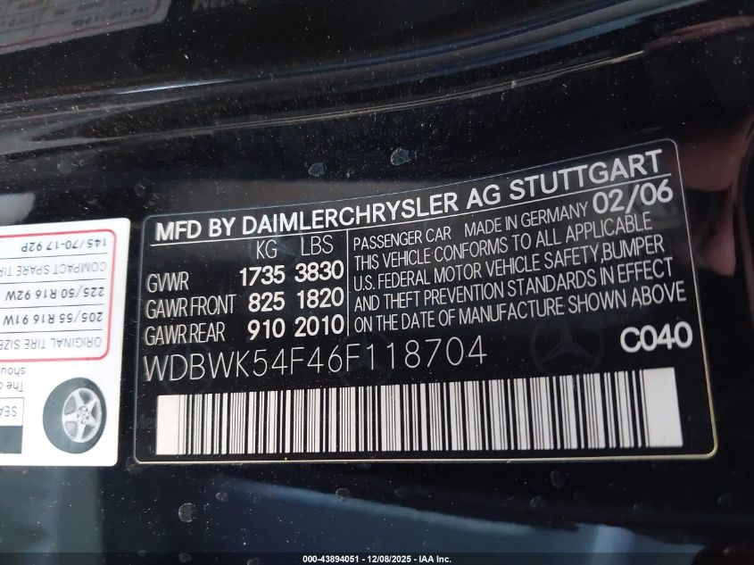 2006 Mercedes-Benz Slk 280 VIN: WDBWK54F46F118704 Lot: 43894051