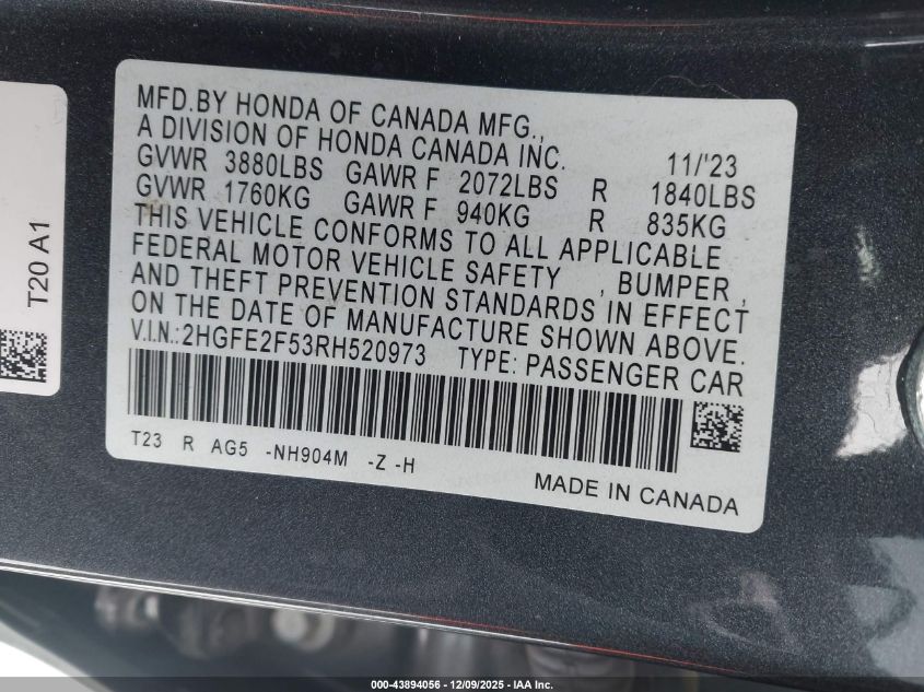2024 Honda Civic Sport VIN: 2HGFE2F53RH520973 Lot: 43894056