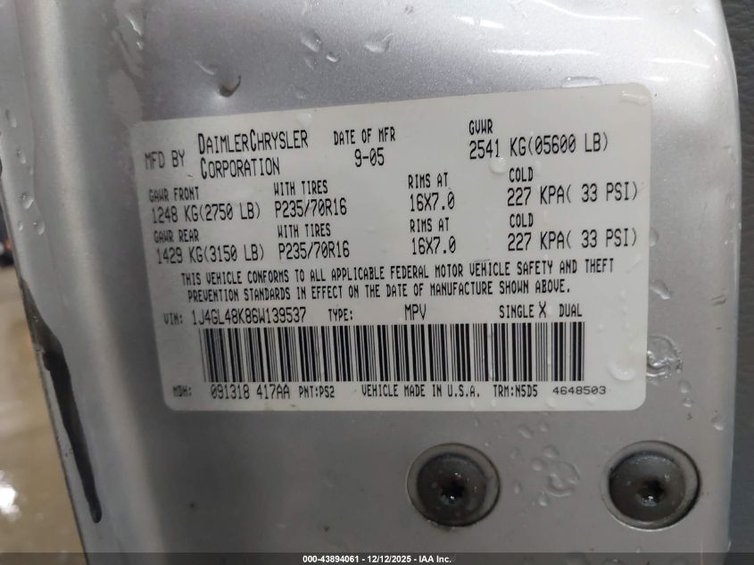 2006 Jeep Liberty Sport VIN: 1J4GL48K86W139537 Lot: 43894061