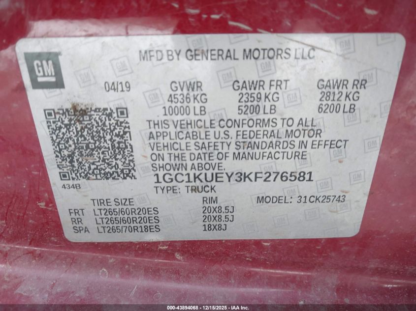 2019 Chevrolet Silverado 2500Hd High Country VIN: 1GC1KUEY3KF276581 Lot: 43894068