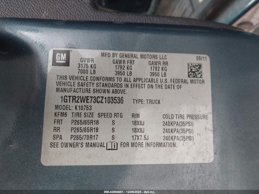 2012 GMC Sierra 1500 Slt VIN: 1GTR2WE73CZ103536 Lot: 43894081