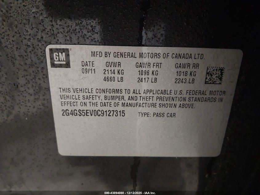 2012 Buick Regal Turbo - Premium 1 VIN: 2G4GS5EV0C9127315 Lot: 43894088