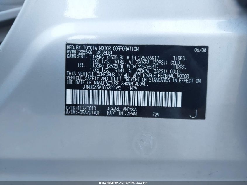 2008 Toyota Rav4 VIN: JTMBD33V185202592 Lot: 43894092